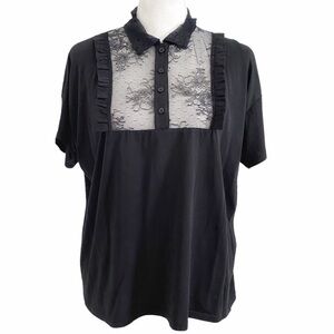 THE KOOPLES BLACK LACE RUFFLE BIB SHORT SLEEVE POLO T-SHIRT TOP - S